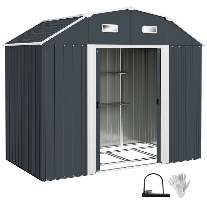 Outsunny Cobertizo de Jardín Exterior 2,7 m² 238x132x198,5 cm Caseta de Exterior Metálica con Base Estantes Ajustables 2 Puertas Corredizas y 2 Ventanas Gris Oscuro