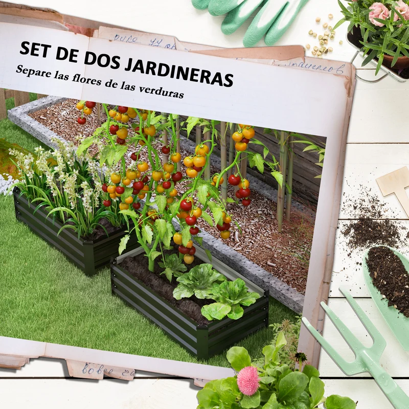 Outsunny Juego de 2 Jardineras de Exterior de Acero Huerto Urbano Rectangular para Cultivos Plantas Flores para Patio Jardín 100x60x30 cm Gris Oscuro