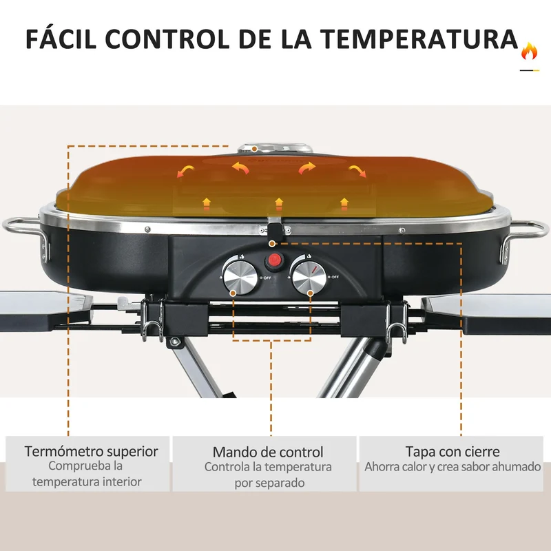 Outsunny Barbacoa de Gas Plegable con 2 Quemadores 2,34 KW BBQ de Gas con 2 Ruedas 2 Parrillas Metálicas y 2 Mesas Laterales para Pícnic Camping 100x41,6x82,5 cm Negro