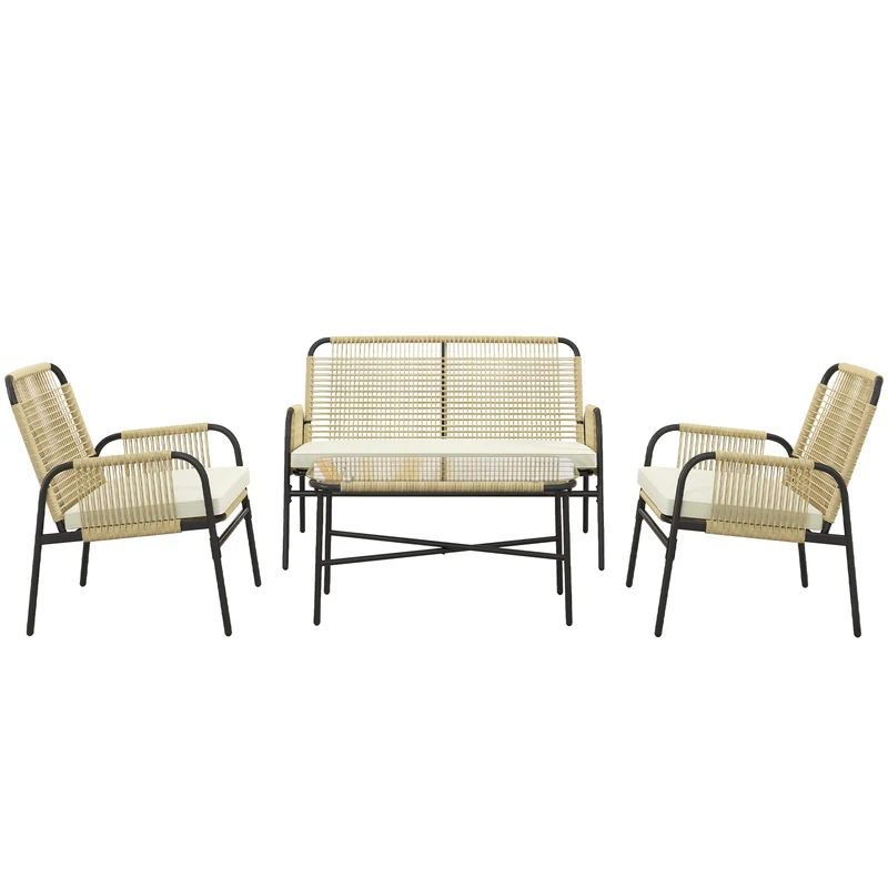 Outsunny Conjunto de Jardín de Ratán Sintético Juego de 4 Piezas Muebles de Jardín con 2 Sillones 1 Sofá Doble 1 Mesa de Centro con Tablero de Vidrio y Cojines para Exterior Natural y Negro