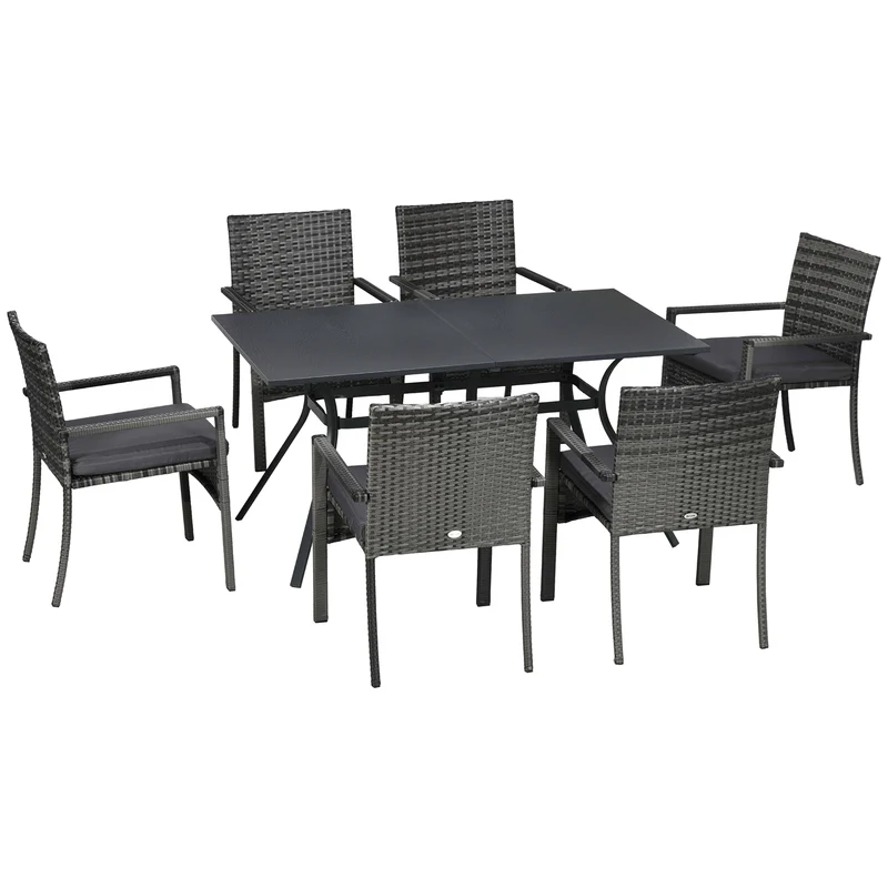 Outsunny Conjunto de Jardín de Ratán Sintético Juego de Muebles de Jardín para Exterior de Ratán de 7 Piezas Incluye 6 Sillas con Cojines Extraíbles y Mesa de Metal Gris