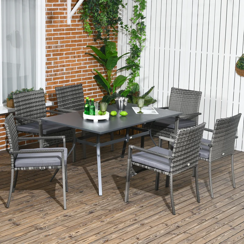 Outsunny Conjunto de Jardín de Ratán Sintético Juego de Muebles de Jardín para Exterior de Ratán de 7 Piezas Incluye 6 Sillas con Cojines Extraíbles y Mesa de Metal Gris