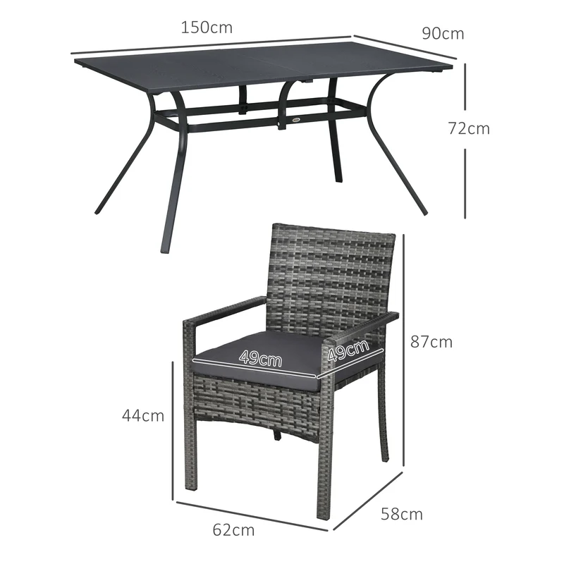Outsunny Conjunto de Jardín de Ratán Sintético Juego de Muebles de Jardín para Exterior de Ratán de 7 Piezas Incluye 6 Sillas con Cojines Extraíbles y Mesa de Metal Gris