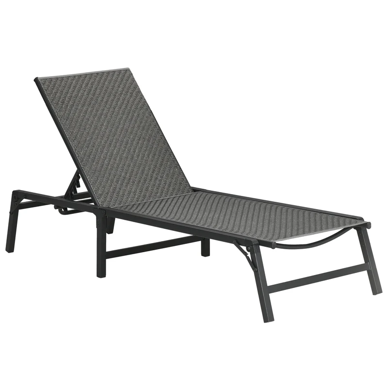Outsunny Tumbona de Ratán Sintético Plegable Tumbona para Jardín con Respaldo Ajustable en 5 Posiciones y Marco de Acero Carga 150 kg para Patio Terraza Gris Oscuro