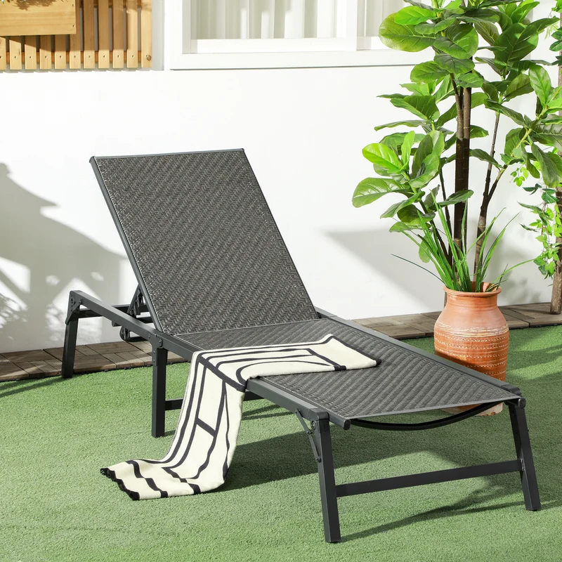 Outsunny Tumbona de Ratán Sintético Plegable Tumbona para Jardín con Respaldo Ajustable en 5 Posiciones y Marco de Acero Carga 150 kg para Patio Terraza Gris Oscuro