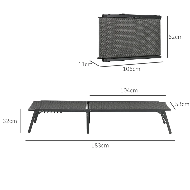 Outsunny Tumbona de Ratán Sintético Plegable Tumbona para Jardín con Respaldo Ajustable en 5 Posiciones y Marco de Acero Carga 150 kg para Patio Terraza Gris Oscuro