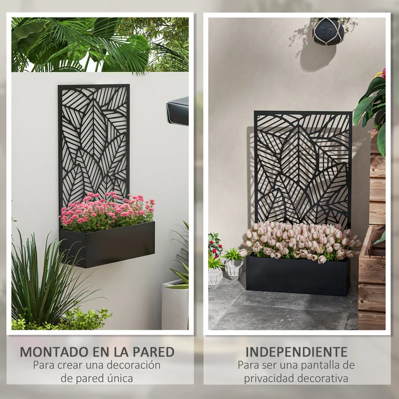 Outsunny Jardinera Exterior Grande de Metal Jardinera con Pantalla de Privacidad de Hojas Decorativas Jardinera de Pared o Independiente para Patio Terraza 61x23x113 cm Negro