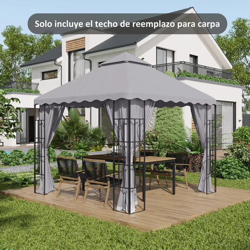 Outsunny Techo de Repuesto para Cenador 3x3 m Cubierta de Repuesto con Techo Doble y 10 Orificios de Drenaje Tela Poliéster para Carpa Pabellón Gazebo Gris Claro