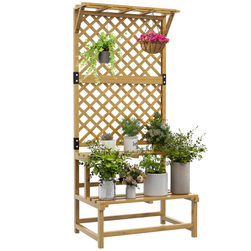 Outsunny Soporte para Plantas de Madera Estantería para Plantas de 2 Niveles Soporte para Macetas Exterior con Enrejado para Jardín Patio Terraza 75x50x166 cm Natural