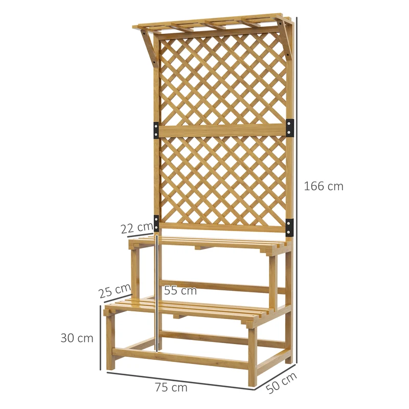 Outsunny Soporte para Plantas de Madera Estantería para Plantas de 2 Niveles Soporte para Macetas Exterior con Enrejado para Jardín Patio Terraza 75x50x166 cm Natural