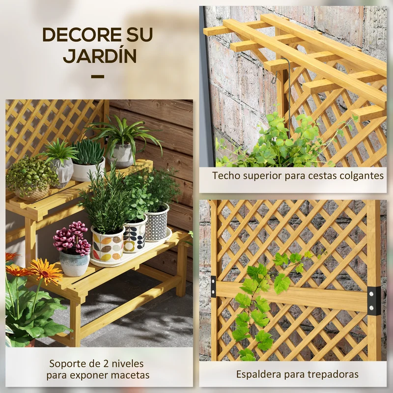 Outsunny Soporte para Plantas de Madera Estantería para Plantas de 2 Niveles Soporte para Macetas Exterior con Enrejado para Jardín Patio Terraza 75x50x166 cm Natural