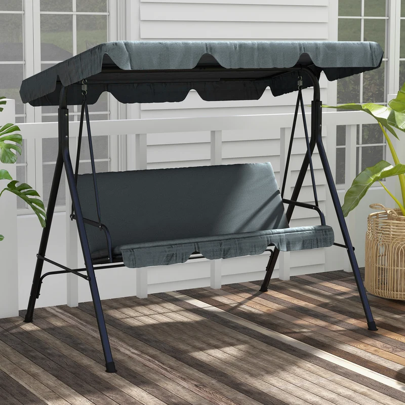 Outsunny Columpio de Jardín de 3 Plazas Balancín Exterior con Techo Ajustable y Marco de Acero para Balcón Terraza Patio Carga 240 kg 172x110x153 cm Gris