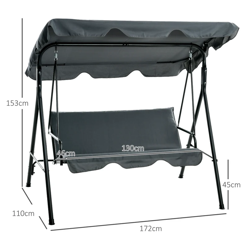 Outsunny Columpio de Jardín de 3 Plazas Balancín Exterior con Techo Ajustable y Marco de Acero para Balcón Terraza Patio Carga 240 kg 172x110x153 cm Gris