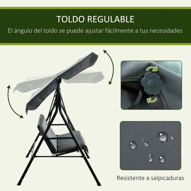 Outsunny Columpio de Jardín de 3 Plazas Balancín Exterior con Techo Ajustable y Marco de Acero para Balcón Terraza Patio Carga 240 kg 172x110x153 cm Gris