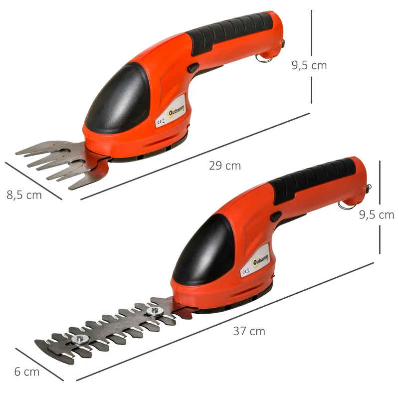 Outsunny Tijeras Cortacésped y Arreglasetos 2 en 1 Cortasetos a Batería de 3,6V con 2 Cuchillas Ancho de Corte 12 cm/8 cm para Setos Césped Llave de Seguridad 37x6x9,5 cm Rojo y Negro