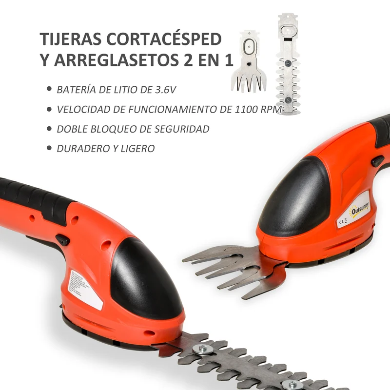 Outsunny Tijeras Cortacésped y Arreglasetos 2 en 1 Cortasetos a Batería de 3,6V con 2 Cuchillas Ancho de Corte 12 cm/8 cm para Setos Césped Llave de Seguridad 37x6x9,5 cm Rojo y Negro