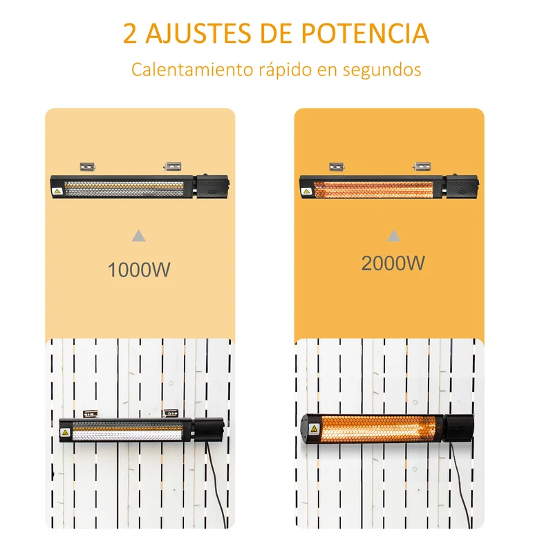 Outsunny Calefactor Exterior de Pared 1000/2000W Calefactor Eléctrico de Baño por Infrarrojo con Mando a Distancia 2 Niveles de Calor Ángulo Ajustable Protección IP55 Aluminio 67,5x10,5x7 cm Negro