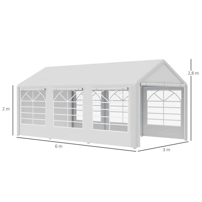 Outsunny Carpa para Fiestas 6x3 m Cenador Pabellón de Jardín con 4 Paneles Laterales 2 Puertas Enrollables y 6 Ventanas Protección UV para Exterior Eventos Bodas Blanco