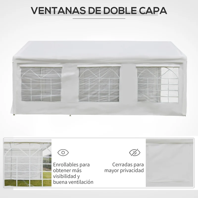 Outsunny Carpa para Fiestas 6x3 m Cenador Pabellón de Jardín con 4 Paneles Laterales 2 Puertas Enrollables y 6 Ventanas Protección UV para Exterior Eventos Bodas Blanco