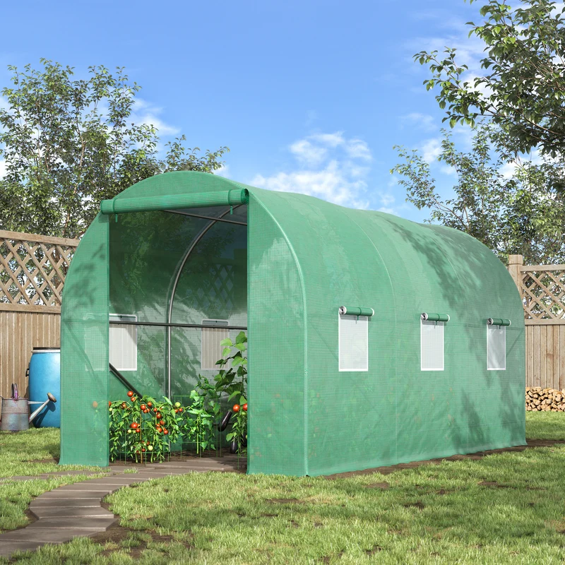 Outsunny Invernadero de Exterior 4x2x2 m Invernadero de Túnel con 6 Ventanas de Malla y Puerta Enrollable con Cremallera Invernadero de Huerto Anti-UV para Patio Jardín Verde