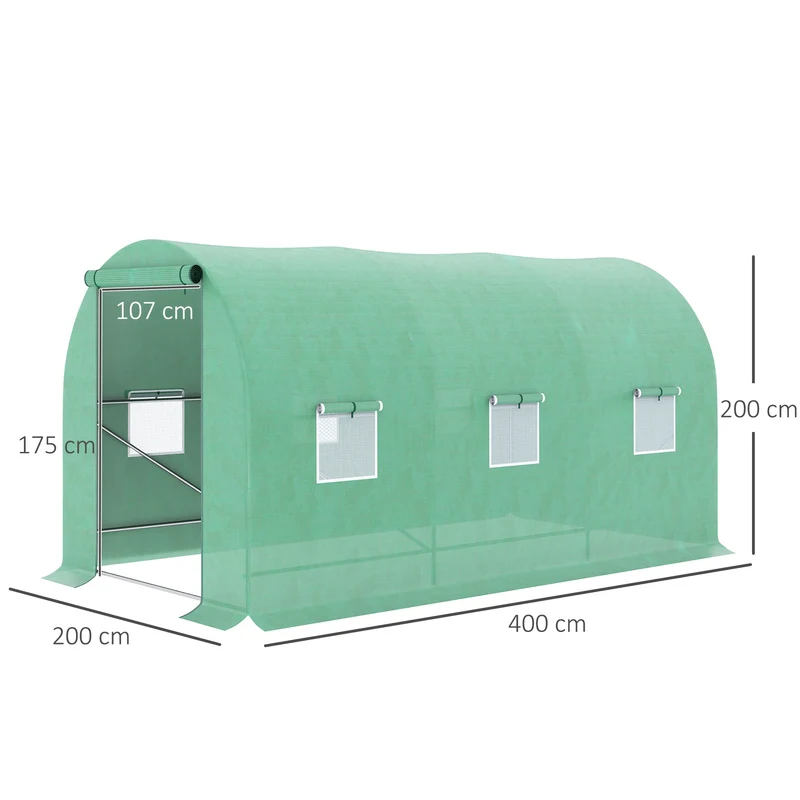 Outsunny Invernadero de Exterior 4x2x2 m Invernadero de Túnel con 6 Ventanas de Malla y Puerta Enrollable con Cremallera Invernadero de Huerto Anti-UV para Patio Jardín Verde