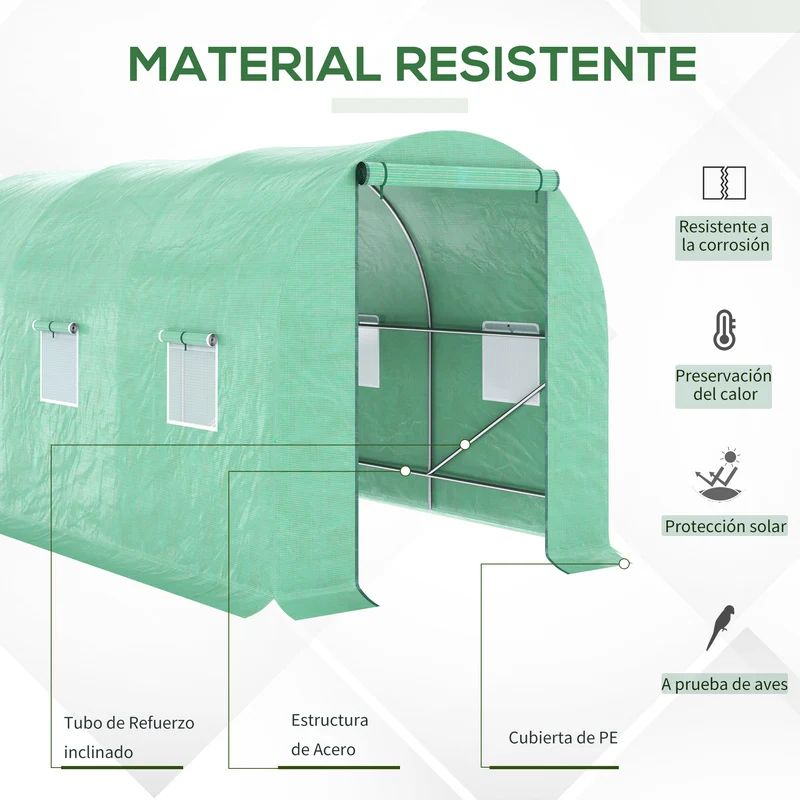 Outsunny Invernadero de Exterior 4x2x2 m Invernadero de Túnel con 6 Ventanas de Malla y Puerta Enrollable con Cremallera Invernadero de Huerto Anti-UV para Patio Jardín Verde
