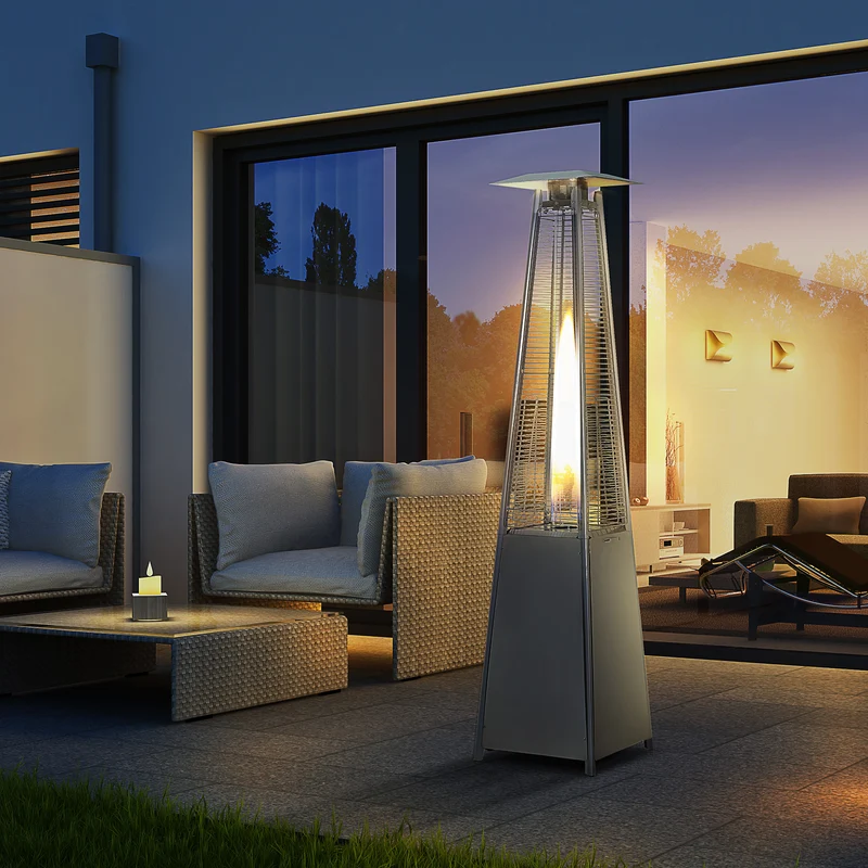 Outsunny Estufa de Gas para Exterior Pirámide 10,5 KW Calefactor para Patio de Propano Acero Inoxidable con Funda Protectora Regulador Manguera y Ruedas 57,5x52,5x227 cm Plata