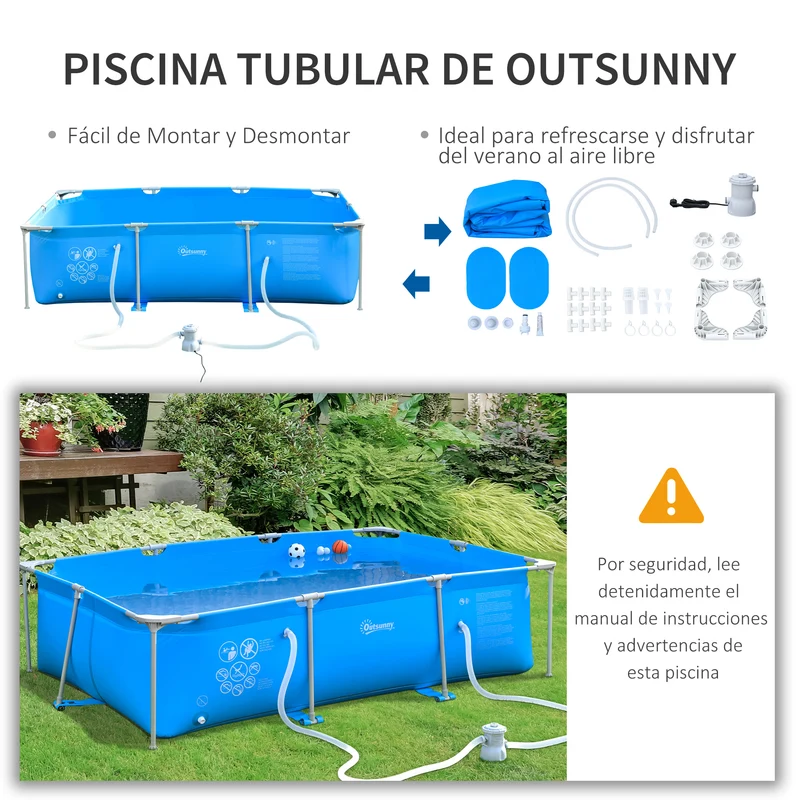 Outsunny Piscina Desmontable Tubular 292x190x75 cm con Depuradora de Cartucho 1200L/H Piscina Rectangular de Exterior para Adultos y Niños 3600L Azul