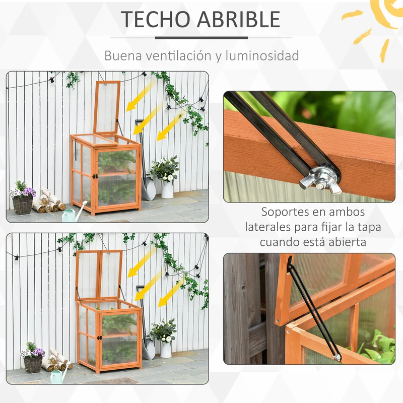 Outsunny Mini Invernadero de Jardín Invernadero de Madera y Paneles de Policarbonato Vivero Casero con 2 Estantes Tapas y Puerta para Plantas Huerto Jardinería 62x63x82 cm Madera Natural