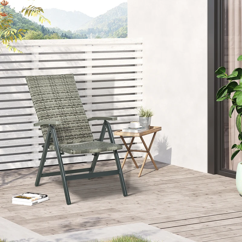 Outsunny Silla Plegable de Ratán con 5 Posiciones Silla Reclinable de Aluminio para Jardín Balcón Terraza Exterior Carga 160 kg 59x68x107 cm Gris