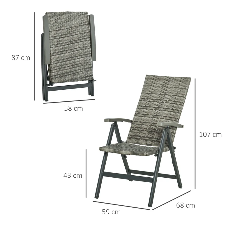 Outsunny Silla Plegable de Ratán con 5 Posiciones Silla Reclinable de Aluminio para Jardín Balcón Terraza Exterior Carga 160 kg 59x68x107 cm Gris