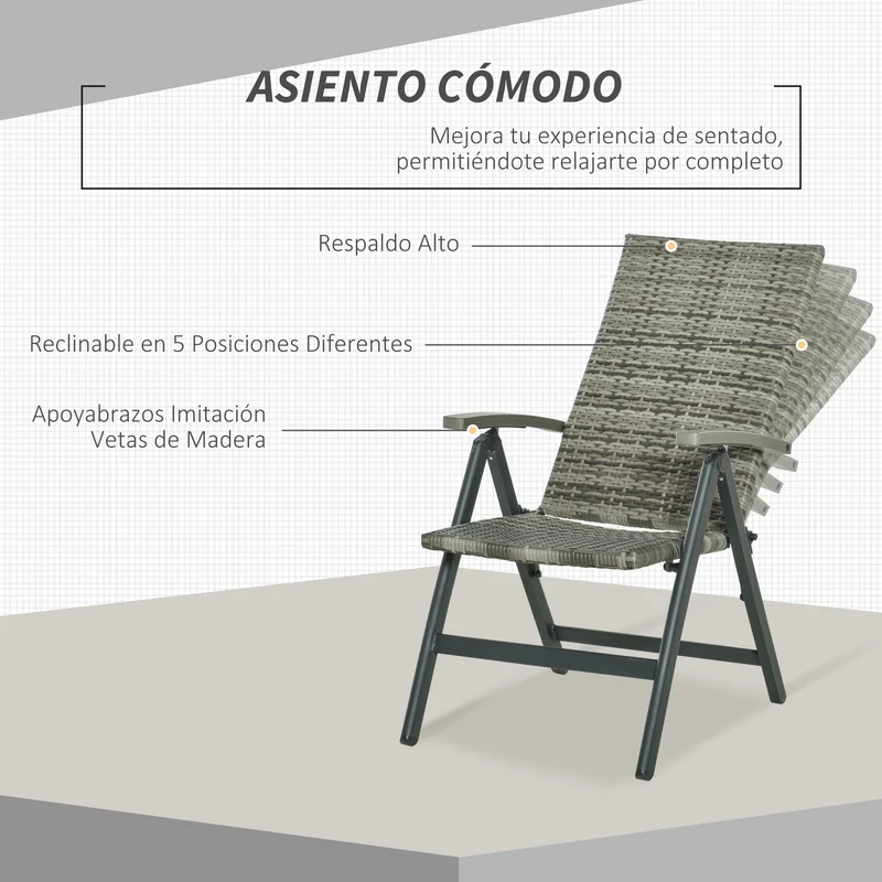 Outsunny Silla Plegable de Ratán con 5 Posiciones Silla Reclinable de Aluminio para Jardín Balcón Terraza Exterior Carga 160 kg 59x68x107 cm Gris