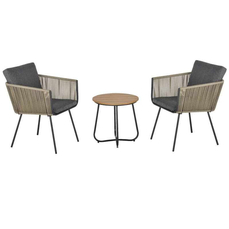 Outsunny Conjunto de Muebles de Jardín Juego de 3 Piezas Muebles de Ratán 1 Mesa Redonda y 2 Sillas Butaca con Cojines Acolchados para Balcón Terraza Acero Caqui y Gris