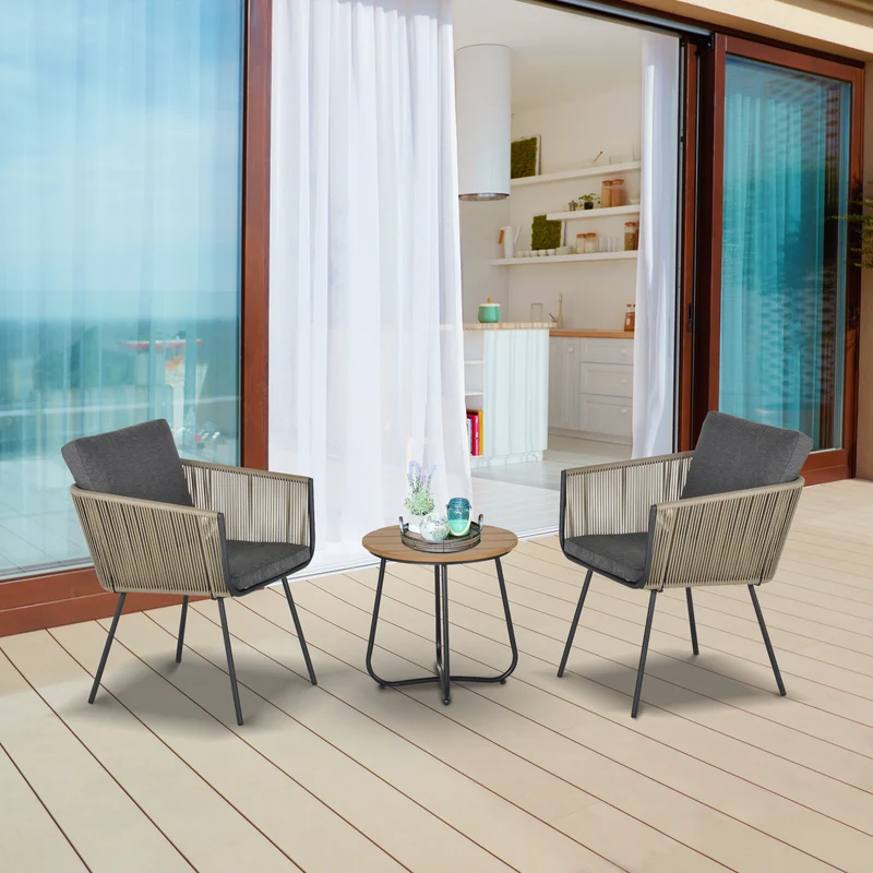 Outsunny Conjunto de Muebles de Jardín Juego de 3 Piezas Muebles de Ratán 1 Mesa Redonda y 2 Sillas Butaca con Cojines Acolchados para Balcón Terraza Acero Caqui y Gris