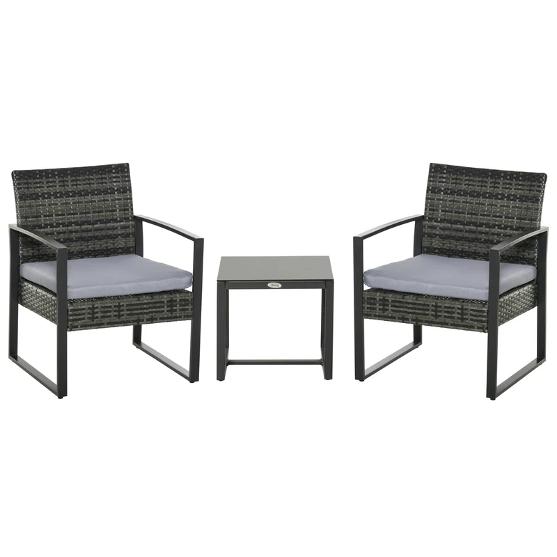 Outsunny Conjunto de Mesa y Sillas de Jardín para Exterior Juego de 3 Piezas Sillas y Mesa de Ratán Incluye 2 Sillones y 1 Mesa de Centro de Vidrio Gris