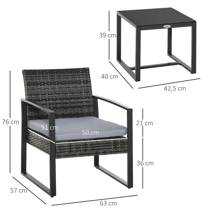 Outsunny Conjunto de Mesa y Sillas de Jardín para Exterior Juego de 3 Piezas Sillas y Mesa de Ratán Incluye 2 Sillones y 1 Mesa de Centro de Vidrio Gris