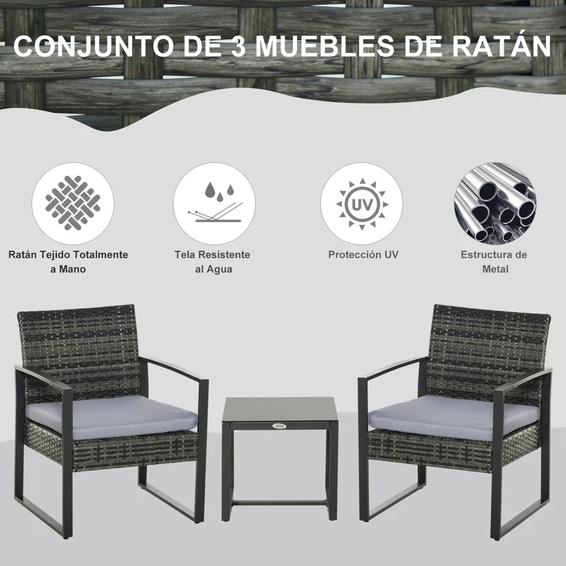 Outsunny Conjunto de Mesa y Sillas de Jardín para Exterior Juego de 3 Piezas Sillas y Mesa de Ratán Incluye 2 Sillones y 1 Mesa de Centro de Vidrio Gris