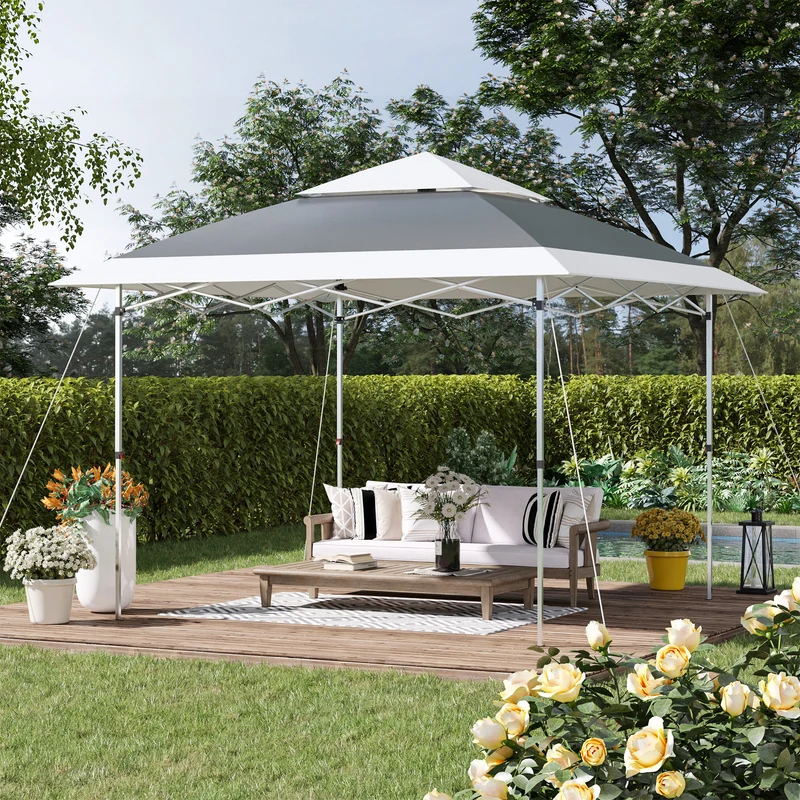 Outsunny Carpa de Fiesta Plegable 3,6x3,6 m Altura Ajustable en 3 Posiciones con Doble Techo y Bolsa de Transporte con Ruedas Marco de Acero Impermeable Gazebo para Jardín Exterior Gris y Blanco