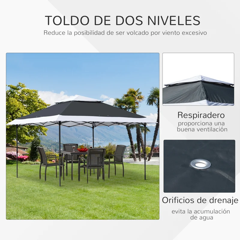 Outsunny Carpa de Fiesta Plegable 3,6x3,6 m Altura Ajustable en 3 Posiciones con Doble Techo y Bolsa de Transporte con Ruedas Marco de Acero Impermeable Gazebo para Jardín Exterior Gris y Blanco