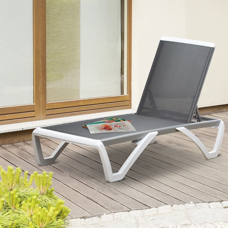 Outsunny Tumbona Reclinable de Jardín de Aluminio con Ruedas y Respaldo Ajustable en 5 Niveles Sillón Relax para Terraza Balcón Piscina 170x67,5x95 cm Gris Blanco