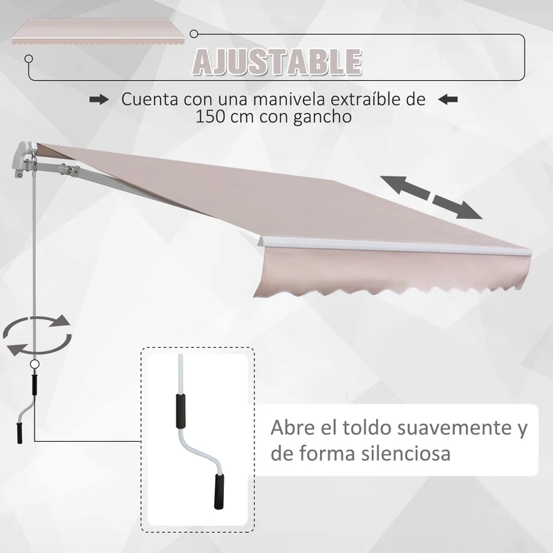 Outsunny Toldo Manual con Manivela 3x2m Toldo con Brazo Plegable Retráctil Ángulo Ajustable de Aluminio Protección Solar para Puerta Ventanas Balcón Beige