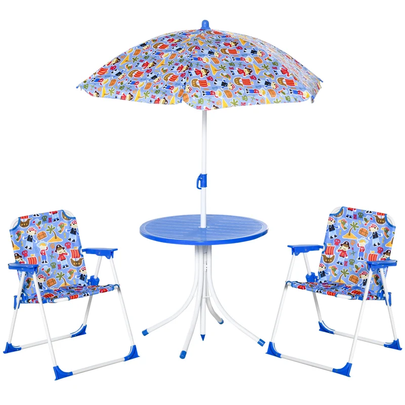 Outsunny Set de Mesa y Sillas Exterior Infantil Conjunto de Picnic Plegable para Jardín Juego de Mesa con Sombrilla Ajustable 100-125 cm Protección de UV Azul