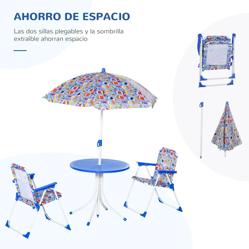 Outsunny Set de Mesa y Sillas Exterior Infantil Conjunto de Picnic Plegable para Jardín Juego de Mesa con Sombrilla Ajustable 100-125 cm Protección de UV Azul