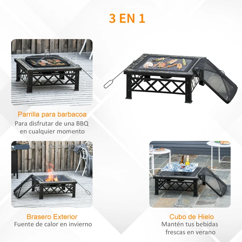 Outsunny Brasero Exterior Calentador de Fuego 76x76x47 cm Multifuncional 3 en 1 Cuadrada Nuevo Estilo Cubo de Hielo para Calefacción Barbacoa Terraza Jardín Negro