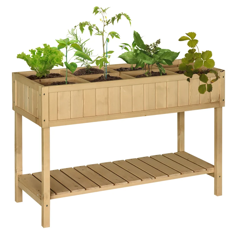 Outsunny Huerto Urbano de Madera 120x60x81 cm Jardinera Elevada para Cultivo de Plantas Flores Mesa de Cultivo con Estante Inferior para Jardín Terraza Exterior Natural