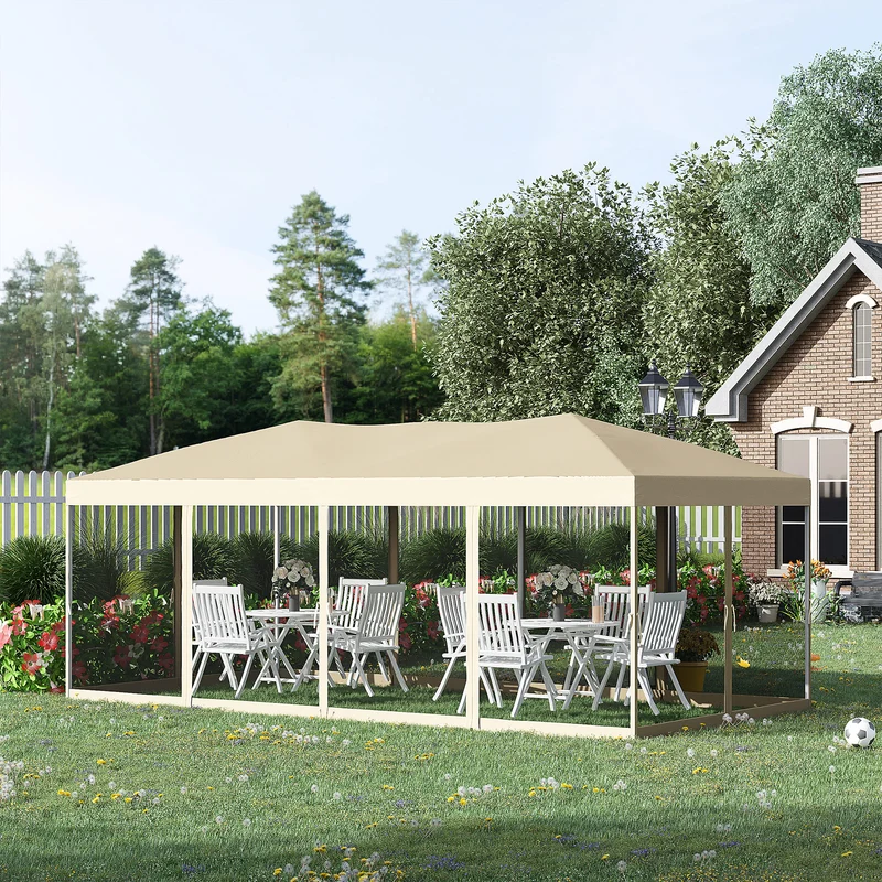 Outsunny Carpa Plegable 6x3 m Cenador para Jardín Gazebo con 6 Cortinas Mosquitera y Cremallera Bolsa de Transporte Impermeable para Exterior Crema