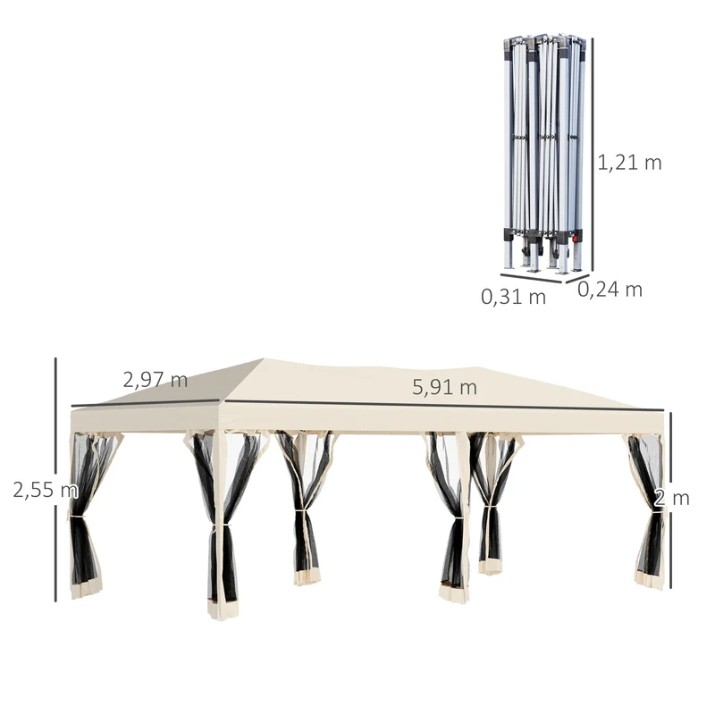 Outsunny Carpa Plegable 6x3 m Cenador para Jardín Gazebo con 6 Cortinas Mosquitera y Cremallera Bolsa de Transporte Impermeable para Exterior Crema
