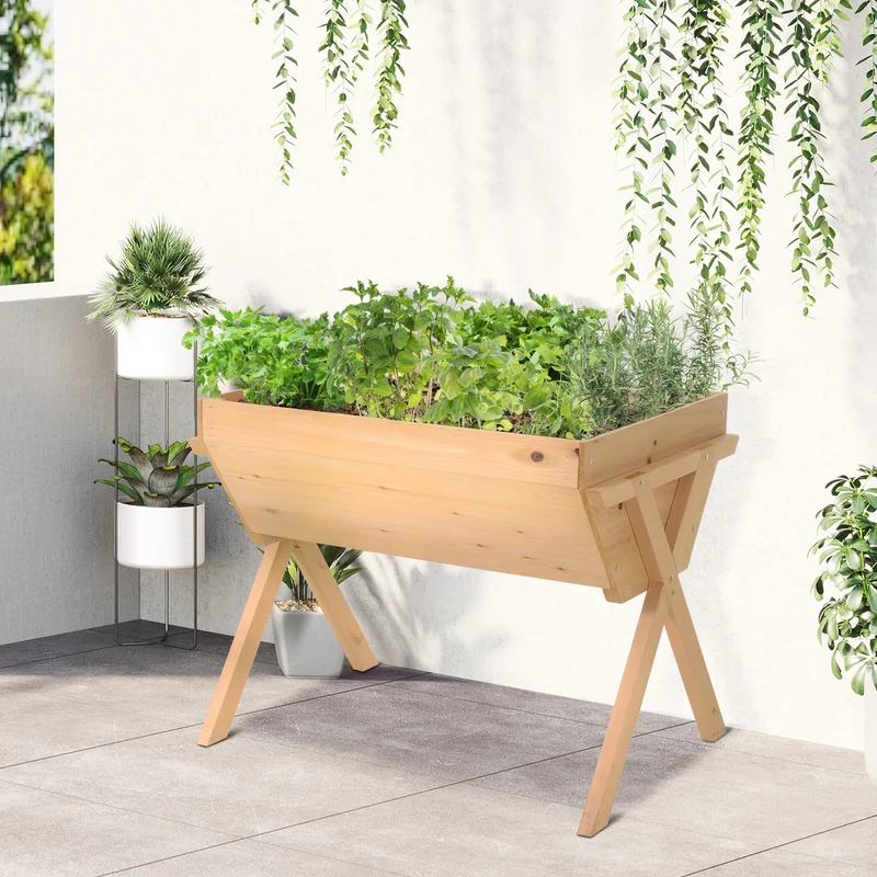 Outsunny Huerto Urbano de Madera 100x70x80 cm Mesa de Cultivo para Plantas Flores Hortalizas con Patas Elevadas 4 Orificios de Drenaje y Tela Geotextil