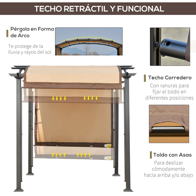 Outsunny Pérgola 3x2,5 m Cenador con Techo Retráctil para Jardín Patio Terraza Tela Poliéster Atornillados Resistente Protección de Rayos UV Beige