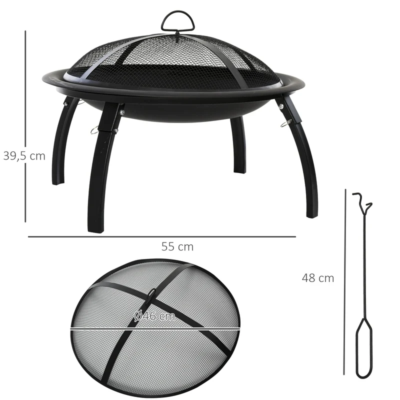 Outsunny Brasero Exterior Ø55 cm Chimenea Hoguera Portátil para Calefacción Barbacoa Terraza Patio Camping Jardín con Cubierta de Malla Atizador de Fuego Negro
